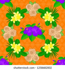 Seamless pattern in green, beige and orange colors. Vector hand drawn painting of green, beige and orange hibiscus flowers.