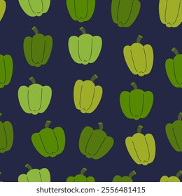 Seamless pattern of green bell peppers on blue background. Simple vector design for textiles, wallpapers, and prints.