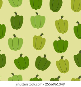 Seamless pattern of green bell peppers on green background. Simple vector design for textiles, wallpapers, and prints.