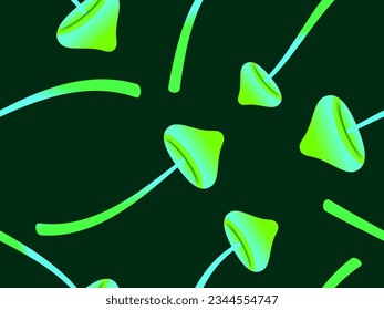 Seamless pattern with green bioluminescent mushrooms. Fluorescent luminous mushrooms on a long stem. Bioluminescent fungi glow. Design for banner and wallpaper. Vector illustration