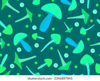 Seamless pattern with green bioluminescent mushrooms. Hallucinogen and psychedelic mushrooms. Fluorescent luminous mushrooms on a long stem. Design for banner and wallpaper. Vector illustration