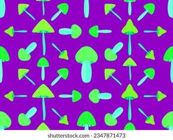 Seamless pattern with green bioluminescent mushrooms. Hallucinogen and psychedelic mushrooms. Fluorescent luminous mushrooms on a long stem. Design for banner and wallpaper. Vector illustration