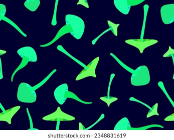 Seamless pattern with green bioluminescent mushrooms. Fluorescent luminous mushrooms on a long stem. Bioluminescent fungi glow. Design for banner and wallpaper. Vector illustration