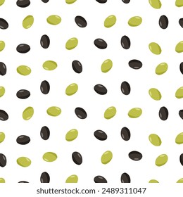 Seamless pattern of green and black olive berries. Vector wallpaper background for kitchen or textiles.