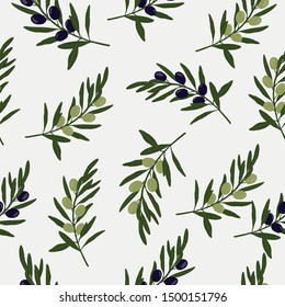 Seamless pattern of green and black olives. Hand drawn floral texture with natural elements. 