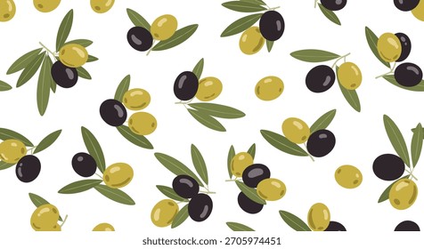 Um padrão contínuo de azeitonas verdes e pretas em ramos com folhas espalhadas por um simples design de fundo branco.