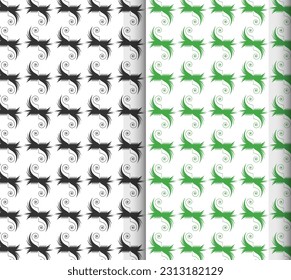 Seamless pattern, green, black and white split-leaf  with vines on white background, pastel vintage theme