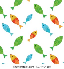 Seamless Pattern Green Blie and Orange Fish