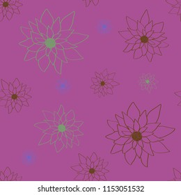 Seamless pattern of green, blue and brown chrysanthemums on a purple background