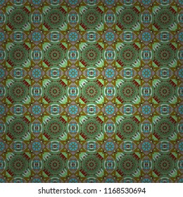 Seamless pattern in green, blue and brown colors. Vector abstract home decorative ornament, containing from geometric figures and mandalas.