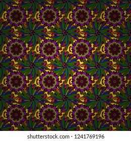 Seamless pattern with a green, blue and brown bright summer floral print, flowers, foliage. Vector illustration.