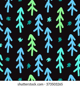 Seamless pattern with green and blue Christmas trees on black background. Vector illustration. Hand drawn