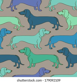 Seamless pattern of green blue Dachshund dogs