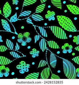 Patrón inconsútil de hojas de árbol decorativas verdes y azules y flores sobre un fondo negro. dibujo a mano. No AI, ilustración vectorial