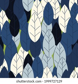 Seamless pattern of green and blue leaves on a solid background. Strict flat design. Geometric location. Printing on fabric, wrapping paper. Vector illustration