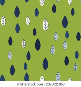 Seamless pattern from green and blue leaves on a light background. Strict flat design. Geometric location. Natural eco motive. Printing on fabric, wrapping paper. Vector illustration