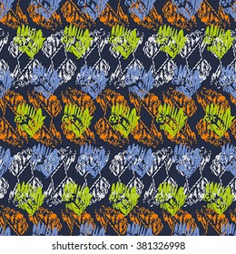 Seamless pattern with green, blue, and orange elements on violet background