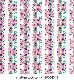 Seamless pattern with green, blue, pink and lilac elements on white background