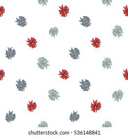 Seamless pattern with green, blue and red bows. Decorative vector art for decorating greeting cards, banners or ads for wedding, birthday, Valentines day, new year, Christmas or other holidays.