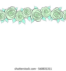 Seamless pattern with green and blue roses. Vintage horizontal pattern with indian batik style rose flowers. Floral vector background with copy space (place for your text).