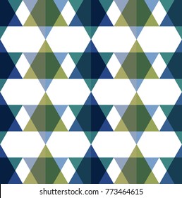 Seamless pattern with green and blue Stars of David. Jewish symbol geometric Hexagon on white light background. duo tone multiply