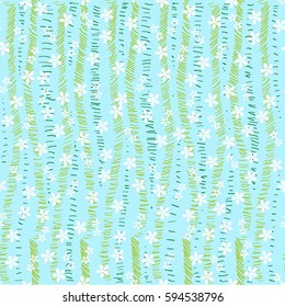 Seamless pattern green and blue sticks dashes in strips and flowers on a blue background.
Freehand drawing vector.
