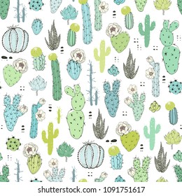 Seamless pattern with green, blue and turquoise cacti. Vector doodle illustration on white background.