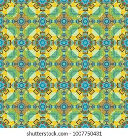 Seamless pattern in green, blue and yellow colors. Tattoo, astrology, alchemy, boho and magic symbol. Invitation element. Vector ornamental mandala inspired ethnic art, patterned Indian paisley.