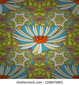 Seamless pattern with green, blue and yellow flowers and leaves, abstract floral pattern. Tileable vector pattern for wallpaper, cards or fabric.