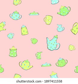 Seamless pattern with green, blue and yellow tea set items on a pink background