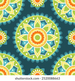 Padrão contínuo. Mandala étnica simétrica verde, azul e amarelo sobre fundo verde escuro. Padrão oriental. Mandala indiana ou árabe. Festival de Diwali. Tecido, papel de embrulho.