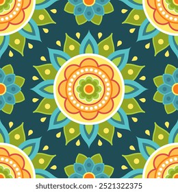 Padrão contínuo. Mandala étnica simétrica verde, azul e amarelo sobre fundo verde escuro. Padrão oriental. Mandala indiana ou árabe. Festival de Diwali. Tecido, papel de embrulho.