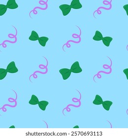 Seamless pattern of green bows and pink swirling ribbons on a soft blue background, symbolizing elegance and celebration