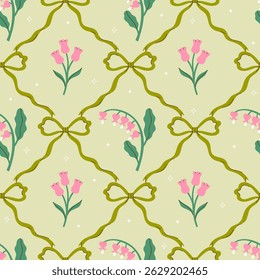 Seamless pattern with green bows and pink flowers. Vector graphics.