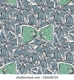 Seamless pattern with green bow-tie on overlapped blue bow. Decorative vector art for decorating greeting cards, banners or ads for wedding, birthday, Valentines day, new year, Christmas or other.