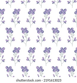 nahtloses Muster mit grünem Ast und violetten Blumen auf weißem Hintergrund.Vektorgrafik-Material einer schönen Blume,
