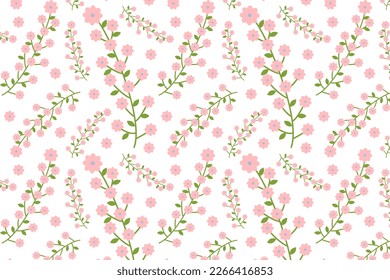 Seamless pattern green branches with blooming pink buds, spring flowers. Wildflowers and herbs. Botanical Botanical Floral Herb print for posters, cards, textiles, nursery. Vector illustration