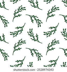 Seamless pattern of green branches in flat style. Ideal for nature design, eco friendly product and festive project. Great for wallpapers, gift wrapping, textile and organic branding.