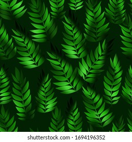 Seamless pattern. Green branches with fresh gradient tropical leaves on green backgroung. Spring and summer concept. 
