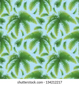 Seamless pattern, green branches with leaves of palm trees on a background of blue sky. Vector