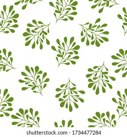 Seamless pattern with green branches and leaves on a white background. Branches of an autumn plant. Vector isolated illustration with elegant plants for the design of dresses, tablecloths, blouses. Pa