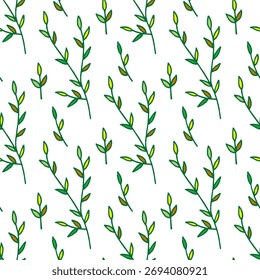 Seamless pattern with green branches on white background. Vector image.