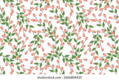 Seamless pattern with green branches and pink buds in a flat style. Elegant botanical design for fabrics, wallpapers, wrapping paper, and backgrounds. Fresh floral ornament with a natural