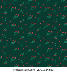 Seamless pattern with green branches, red berries, and leaves on a dark background. Elegant winter botanical ornament for Christmas textiles, wrapping paper, festive decor, web, and cards.