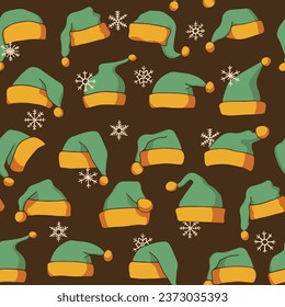 Seamless pattern green bright elf hat and snowflakes on a dark background. Good for wrapping paper, textile printing, cover, label and other gift designs. Winter pattern. New Year Christmas. Vector il