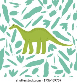 Seamless pattern with green brontosaurus and leaves. Large extinct reptile. Cute hand drawn dinosaur isolated on white background. Fun design for textile, wrapping paper. Stock vector illustration.