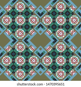 Seamless pattern in green, brown and blue colors. Vector abstract home decorative ornament, containing from geometric figures and mandalas.