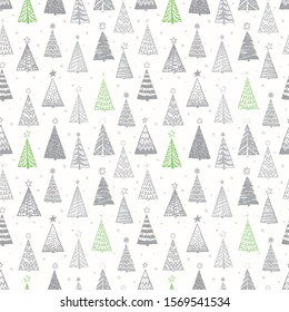 Seamless pattern with green and brown doodle christmas trees. Can be used for wallpaper, pattern fills, textile, web page background, surface textures