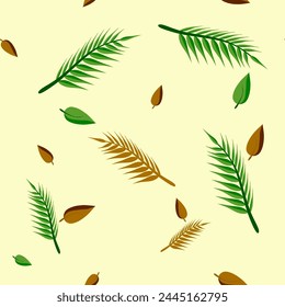 seamless pattern with green brown leaves on yellow white background for cloth pattern , floor tiles,wallpaper ,curtain,tiles pattern, home decorating design	

