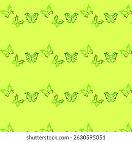 Seamless pattern green butterflies on a yellow background, for design and printing on paper and fabric.